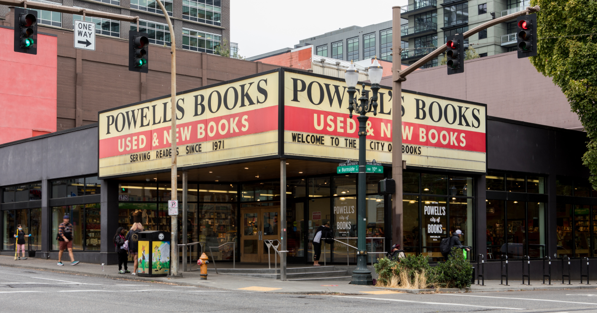 an image of the outside of Powell's Independent Bookstore in Portland, Oregon