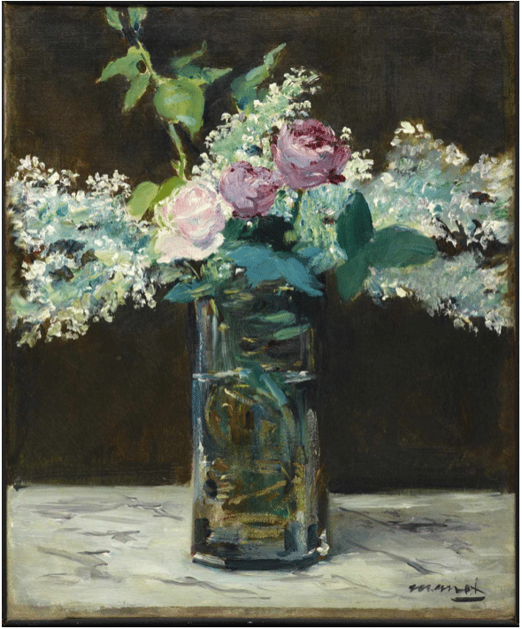 a painting of a clear vase of flowers on a counter with a wall behind it, filled with pink roses, green leaves and small white flowers